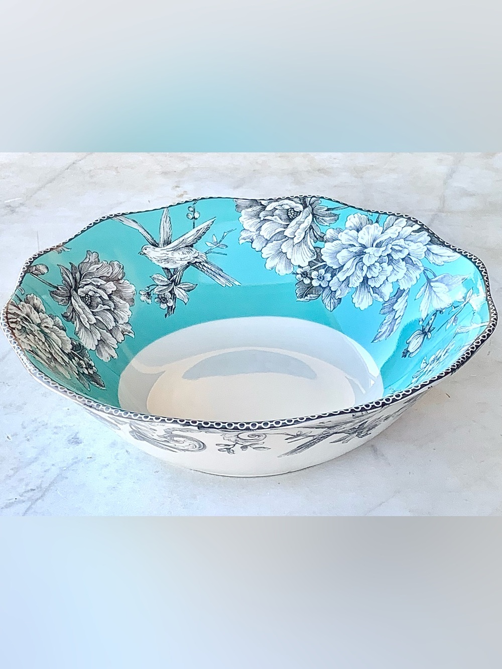 222 FIFTH ADELAIDE Turquoise Floral PORCELAIN ROUND SERVING BOWL  NEW 10 IN